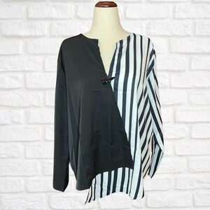 SHEIN LUNE Plus Size 3XL Black White Striped Long Sleeve Blouse Notched Neck